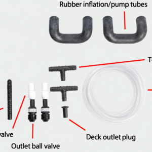 Foot kayak canoe water pump system components with labelled tubes, valves, connectors and deck outlet plug