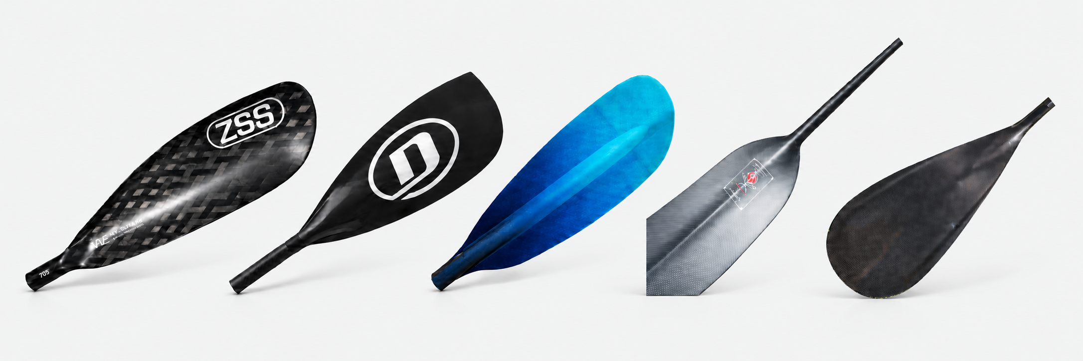 ZSS HT, Double Dutch, touring, dragon boat and outrigger paddle blades, from left to right